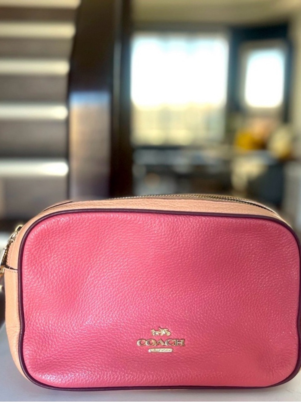 Coach Pink/Coral Pebbled Leather Crossbody camera bag with Gold Logo